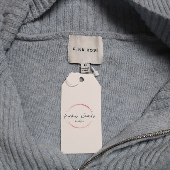 Pink Rose Light Blue Quarter Zip Sweater Vest Ribbed Collar Knit Top Size M - Picture 11 of 15